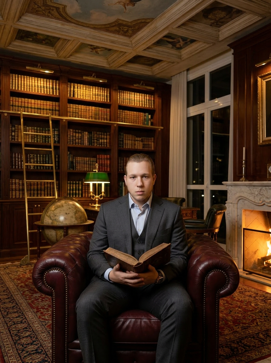 Ícaro Krautchuk em sua biblioteca pessoal